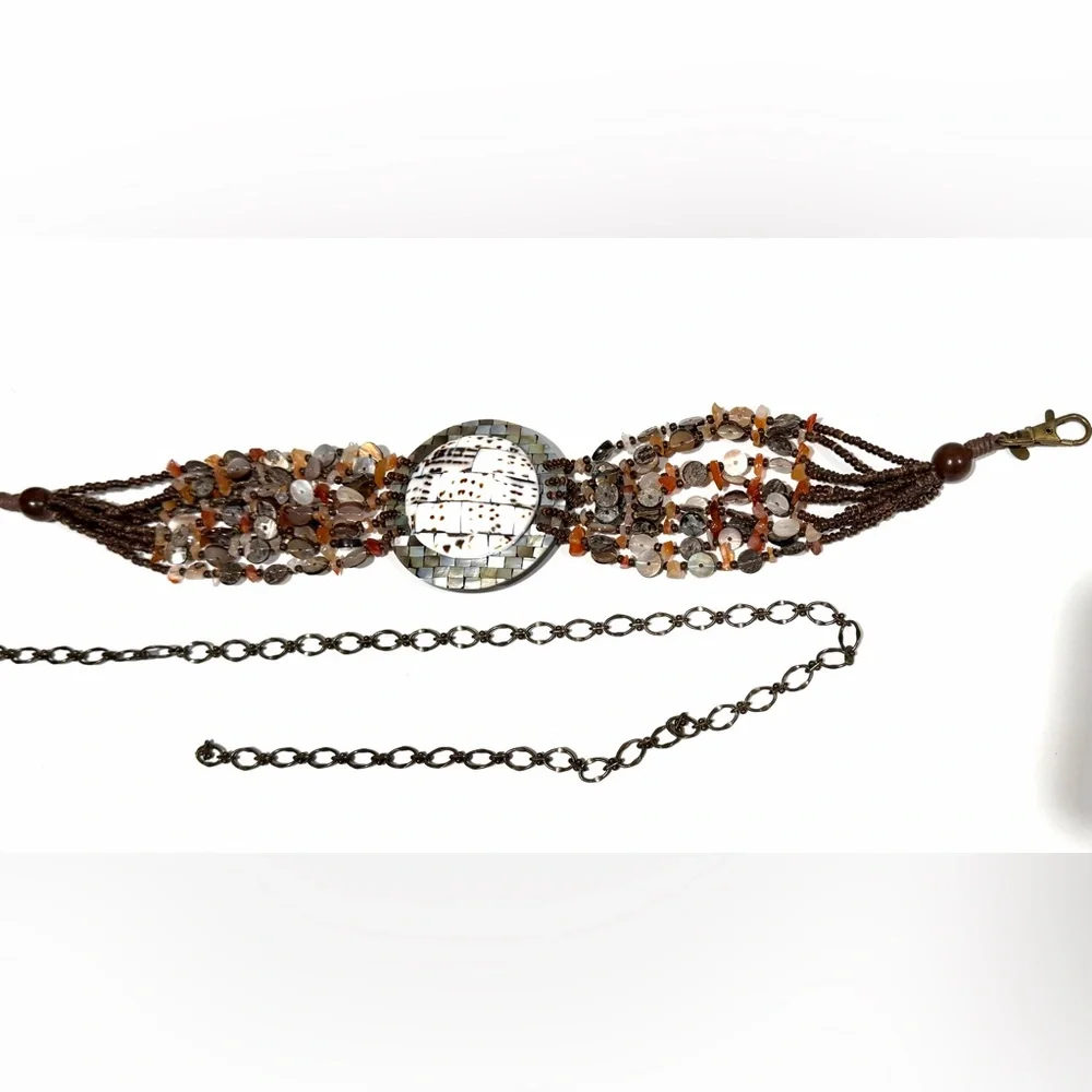 Chico’s Mother of Pearl Shell Brown Beaded Chain Adjustable Statement Belt